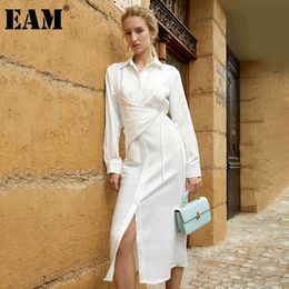 [EAM] Women Green Irregular Bandage Slit Shirt Dress Lapel Long Sleeve Loose Fit Fashion Spring Autumn 1DD8782 210512