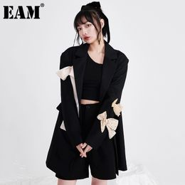 [EAM] Women Black Big Size Casual Bow Brief Blazer Lapel Long Sleeve Loose Jacket Fashion Spring Autumn 1DD7886 210512