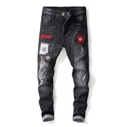 2020 New Streetwear Jeans Homme Pencil Biker Denim Pants Embroidery Men's Jeans Cotton Stretch Jeans Casual X0621