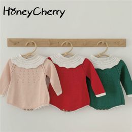 Korean baby Bodysuits girl pure cotton yarn large collar knit jumpsuit leotard Triangle climbing clothes sweater 210515