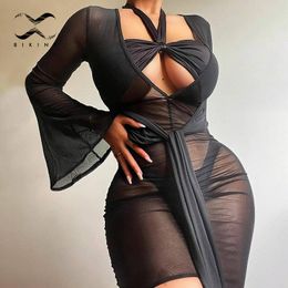 Women's Swimwear Long Sleeve One-piece Cover Up For Women Sexy Mesh Skirt Swimsuit Beach V-neck Cover-ups Transparent 2021