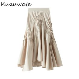 Kuzuwata Fashion Elegant Temperament A-line Skirt Spring Summer Solid Chic Pleated Jupe Ins Mid Length Women Skirts 210629