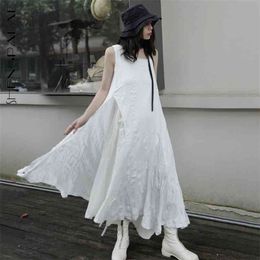 Asymmetry White Fake Two Piece Dress Women's Summer Spaghetti Strap Mid-calf Split Dresses Female Tide 5E151 210427