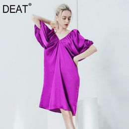 DEAT New Spring And Summer Fashion Casual Solid Colour Deep V-neck Open Back Cross Lace Loose Short Dress Women's SJ944 210428