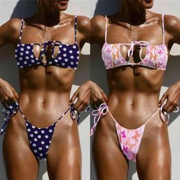 Sexy Push Up Bikinis Set Print Women's Swimsuit Drawstring Pleated Swimwear Women Side Tie Bathing Suits Beachwear Biquini 210722