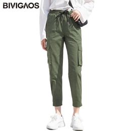 BIVIGAOS New Women Harajuku Stylish Cargo Pants Korean Overalls Trend Fashion Casual Slim Harem Pants MAGIC TAPE Ninth Pants 210319