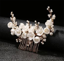 Wedding Bridal Pearls Hair Comb Clips Crystal Rhinestone Headpiece Crown Tiara Ceramic Flowers Head Accessories Jewellery Fashion Prom Women Headdress Ornament