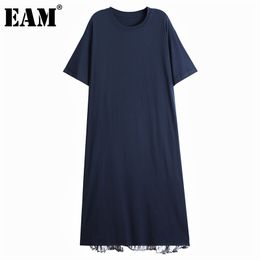 [EAM] Women Blue Big Size Spliced Print Sashes Dress Round Neck Short Sleeve Loose Fit Fashion Spring Summer 1DD7249 21512
