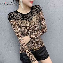Female Tshirt Letter Print Long Sleeve Tops & Tees Casual Mesh T Shirt Leopard Women Clothing T02909B 210421