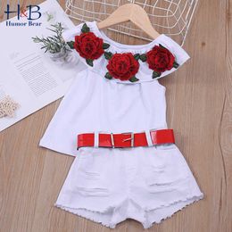 Humor Bear Summer Girl Suit New Children'S One-Neck Rose Flower Blouse Ripped White Shorts Suit Baby Kids Clothing Sets X0902