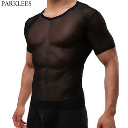 Men's Sexy Transparent Short Sleeve T-shirt Fashion See-through Underwear Shirts Men Mesh Sheer Top Understshirts Sleepwear 210706