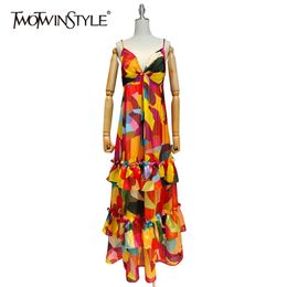 Hit Color Sling Summer Dress For Women V Neck Sleeveless High Waist Print Maxi Dresses Female Fashion Clothes 210520
