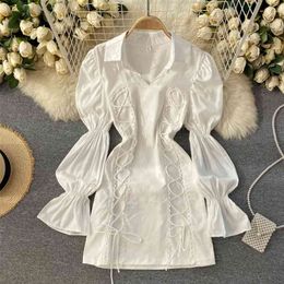 Fashion Spring Shirt Vestidos Female Lace Lantern Sleeve Lapel Slim Short Sexy Bag Hip Mini Dress C332 210507