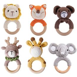 5PC Baby Rattle Toys Cartton Animal Crochet Wooden Rings Rattle DIY Crafts Teething Rattle Amigurumi For Baby Cot Hanging Toy 211029