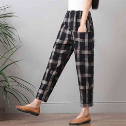 Spring Summer Fashion Women Harem Pants Elastic Waist Loose Casual Plaid Cotton Ankle-length Ladies Trousers D60 210512