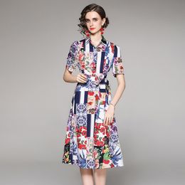 Designer Runway Flower Print Summer Women Short Sleeve Turn Down Collar Slim Midi Vintage Dress Vestidos 210514