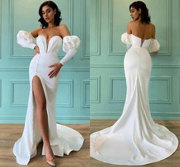 Mermaid Evening Sexy Dresses Sweetheart Long Sleeves High Side Split Sweep Train Lace-Up Back Satin Formal Prom Gowns Special Ocn Dress