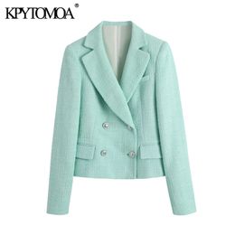 KPYTOMOA Women Fashion Double Breasted Cropped Tweed Blazer Coat Vintage Long Sleeve Pockets Female Outerwear Chic Veste 210930