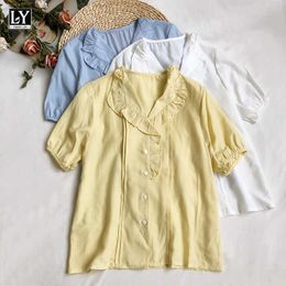 LY VAREY LIN Summer Women Casual Solid Colour High Waist Shirts Sweet Turn-down Collar Single Breasted Short Tops 210526