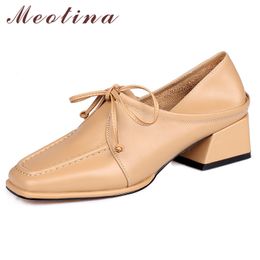 Meotina Women Shoes Genuine Leather Mid Heel Shoes Square Toe Block Heels Shoes Lady Lace Up Beautiful Footwear Apricot Spring 210520