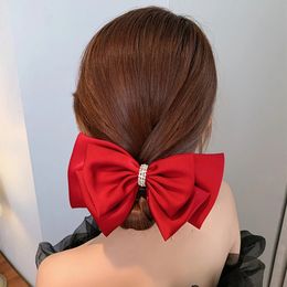 Fashion Solid Color Big Bow Barrette Hairpins For Girl Woman Crystal Retro Hairclip Satin Three Layers Hairgrip Hair Accessories