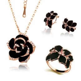 Fashion Roses Flower Jewelrys Necklaces Set Rose Gold Colour Black Painting Bridal Jewellery Sets for Women Wedding