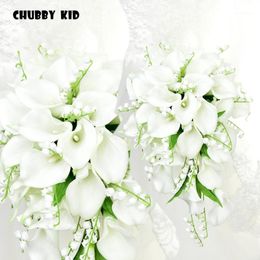white orchid weddings UK - Decorative Flowers & Wreaths Long Artificial PU Calla Lily Bell Orchid Teardrop-shaped Holding Waterfall-shaped Wedding Bridal Bouquet White