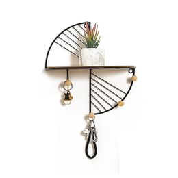 Iron And Wooden Storage Basket With Hooks Sector Design Key Rack Hangers Holder Wall Hook Home Decoration Hang For Keys & Rails