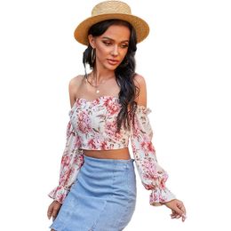 Women Tops Backless Print Floral Tube Top Fungus Flared Sleeves Strapless Casual Top One Word Shoulder Short Top Summer 210712