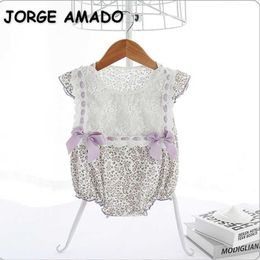 Wholesale Summer Baby Girls Sleeveless Romper Purple Floral Round Collar Bow Lace Kids Clothes E9208 210610