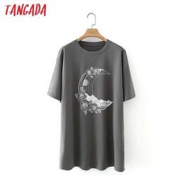 Tangada Women Print Long T Shirt Short Sleeve O Neck Tees Ladies Casual Tee Shirt Street Wear Top 2M125 210609