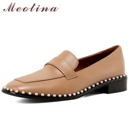 Natural Genuine Leather Low Heels Women Shoes Pearl Thick Heel Sheepskin Square Toe Pumps Female Footwear 210517