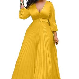 Women Maxi Dresses Long Sleeve Pleated Woman V Neck Plus Size High Waist dress Female Party Clothing Chiffon Clothes