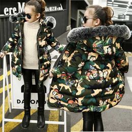 Winter Long Style Keep Warm Girls Jacket Camouflage Cartoon Butterfly Plus Velvet Heavy Hooded Windbreaker Coat For Girl 211204