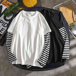 Autumn Trend Fake Two-Piece Color Matching Striped Long-Sleeved T-Shirt Men And Women Loose Couple Casual Bottoming Shirts 210329