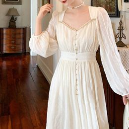 French Elegant Long Fairy Dress Full Sleeve Square Collar Vintage Party Wedding Autumn Women's Clothing 210604