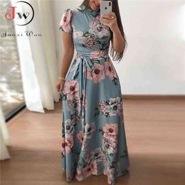 Women Summer Maxi Dress Casual Short Sleeve Boho Floral Print Long Dress Turtleneck Bandage Elegant Party Dresses Vestidos 210719