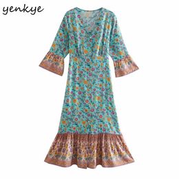 Holiday Summer Dress Women Floral Print Casual Boho Sexy V Neck Flare Sleeve Sashes A-line Long Plus Size Vestido 210514