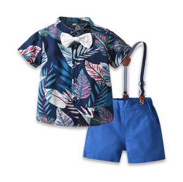 Boys casual clothing sets 2021 toddler kids printed lapel shirt cotton short sleeve suspenders shorts 2pcs suits children summer outfits S1316