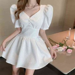 Summer Sweet White Vintage Dress Korea Women Elegant Puff Sleeve Slim Waist Party Mini Female 210519