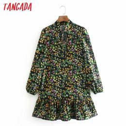 Tangada Women Green Flowers Dress Bow Neck Long Sleeve Ladies Loose Mini Dress Vestidos XN248 210609