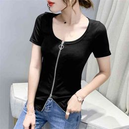 Fashion Summer The Zipper cardigan O collar T Shirt Women Short sleeve Slim Tshirt Tops woman t shirts Large size 210507