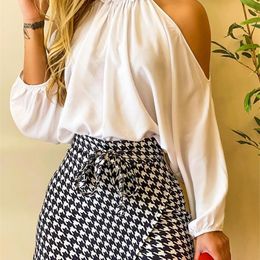 Fashion Women Two Piece Set Could Shoulder Long Sleeve Top & Houndstooth Print Mini Skorts et 220302