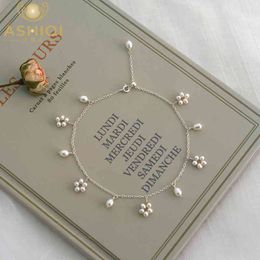 ASHIIQI Natural Freshwater Pearl Anklet Genuine 925 Sterling Silver Handmade Wedding Jewellery Lady
