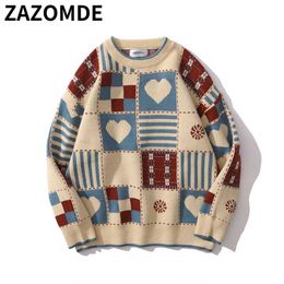 ZAZOMDE Mens Hip Hop Knitted Sweaters Heart Color Block Streetwear Jumper Men Harajuku Loose Casual Oversized Pullovers Unisex 220108