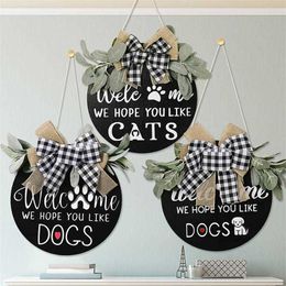 Front Door Hanger Dogs Welcome Door Hanging Wreath Decoration Plaques Big Plaid Bow Wreath House Decor Pets Reminder Signs Y0901