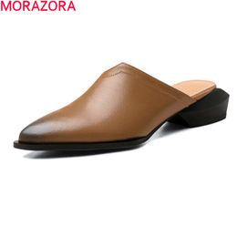 MORAZORA Genuine Leather Women Slippers Med Heels Pointed Toe Ladies Mules Shoes Summer Black Apricot Casual Shoes 210506