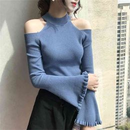 Autumn Sexy Single-shoulder Flared Sleeve Female Thin Sweater Women Computer Knitted Turtleneck Pullover Shirt Sweaters 210914