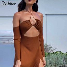 Nibber Elegant Off-the-shoulder Dresses Women Sexy Halter Lace Up Hollow Out Backless Side Split Midi Dress Fashion Partywear Y0726