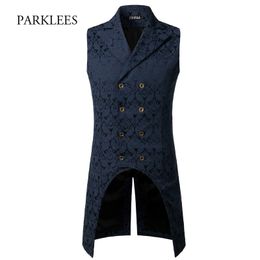 Mens Gothic Steampunk Vest Brand Mediaeval Jacquard Double Breasted Vest Waistcoat Men Stage Cosplay Prom Costume XXXL 210524